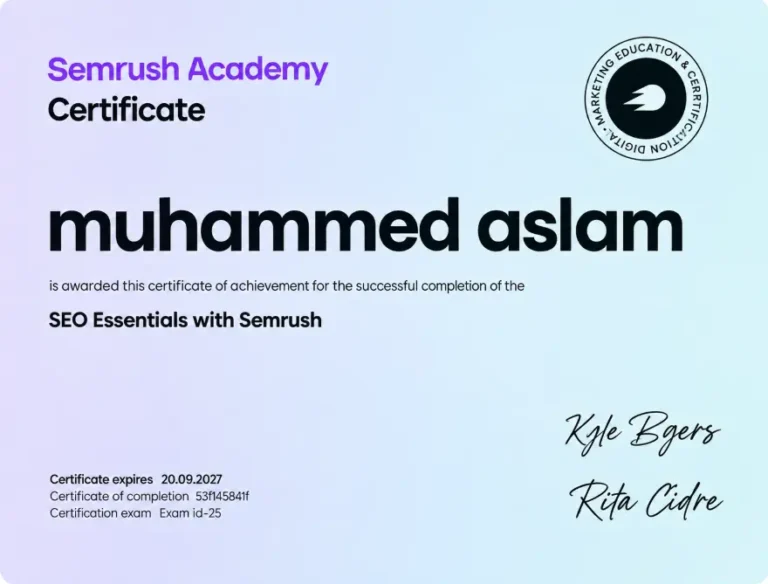 Digital Marketing certificate awarded to Muhammed Aslam