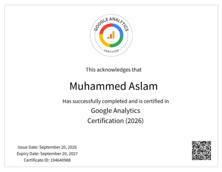 Digital Marketing certificate awarded to Muhammed Aslam