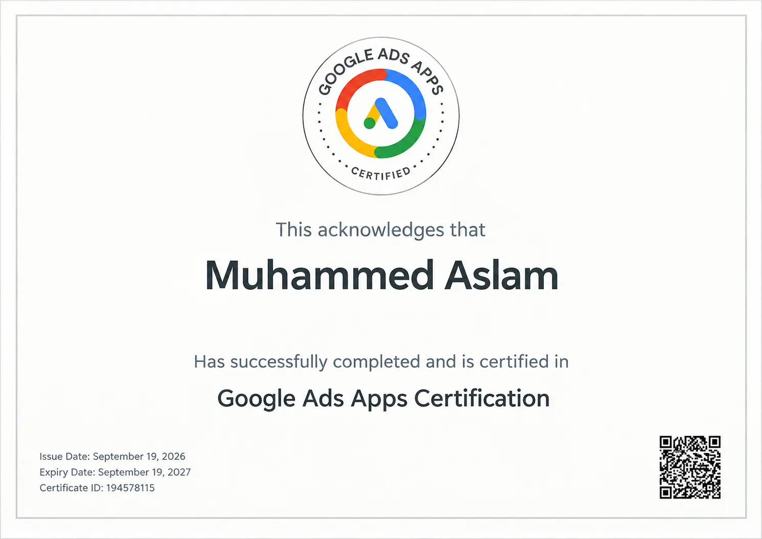 Google Ads Apps certification awarded to Muhammed Aslam